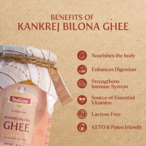 Indicow A2 Desi Cow Ghee, Clarified Butter | Grass Fed Cows | (500ml (16.91oz), A2 Kankrej Cow Ghee) | Keto and Paleo Friendly| a2 ghee organic grass fed