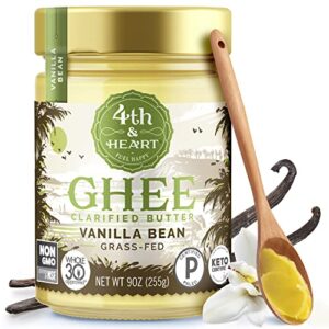 4th & heart vanilla bean grass-fed ghee, 9 ounce, keto, pasture raised, lactose and casein free, certified paleo