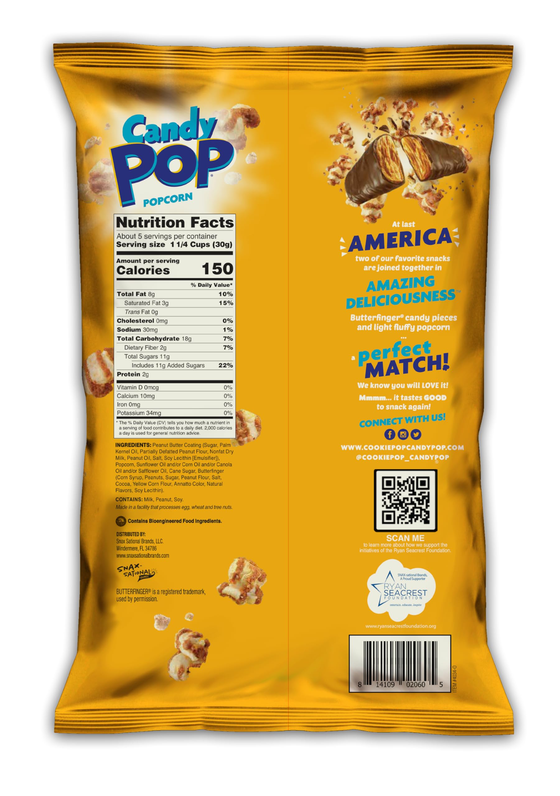 CANDY POP Butterfinger Candy Coated Popcorn (5.25oz bags) Made with Real Butterfingers Candy Pieces - Pack of 6