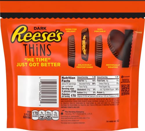 REESE'S THiNS Dark Chocolate Peanut Butter Cups, Candy Share Pack, 7.37 oz