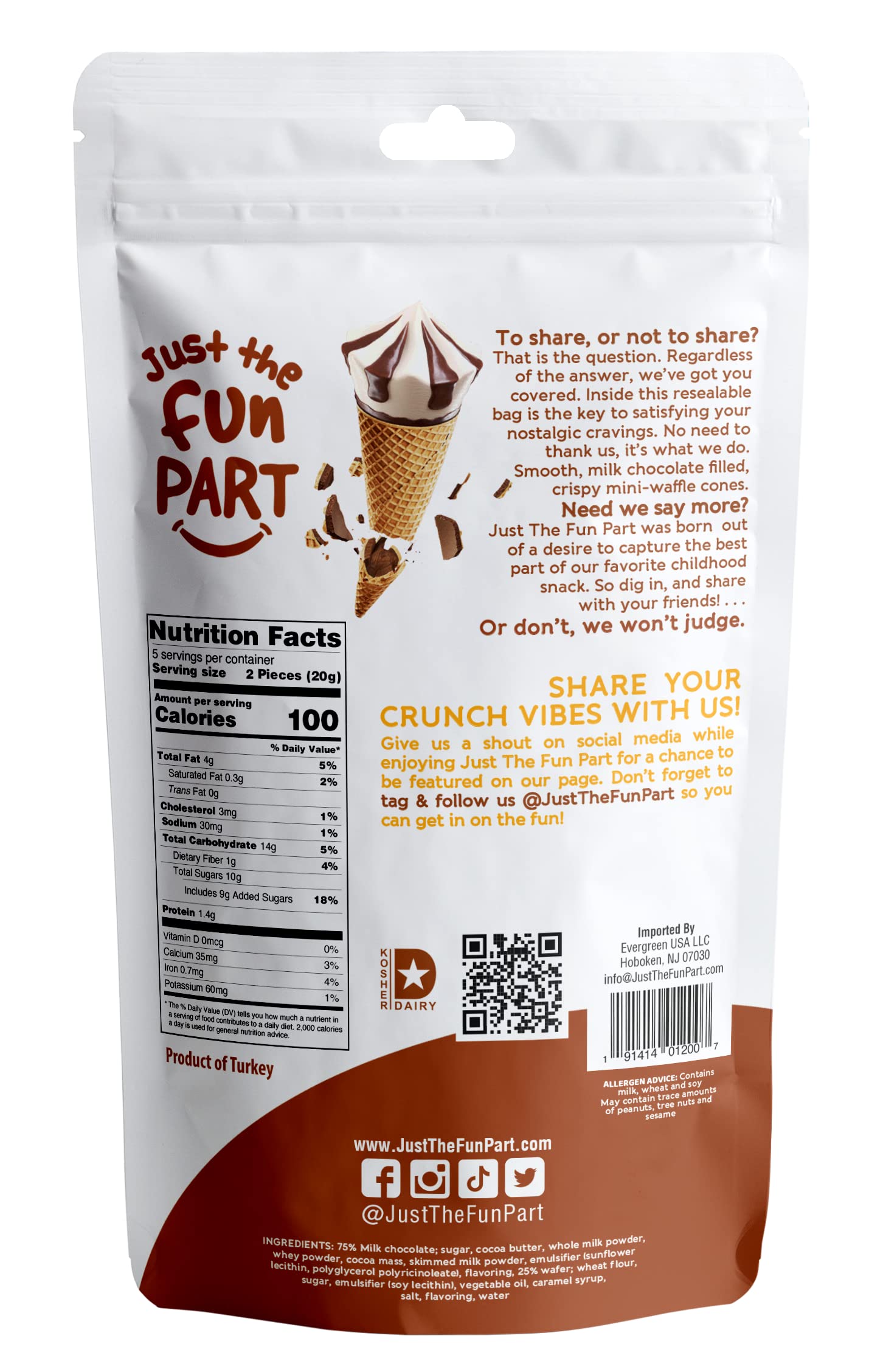 Just The Fun Part, Bite-Size Crispy Mini Waffle Cones with Premium Belgian Chocolate, Great for Snacks, Dessert, Grab & Go - Kosher, Milk Chocolate (Pack of 1)