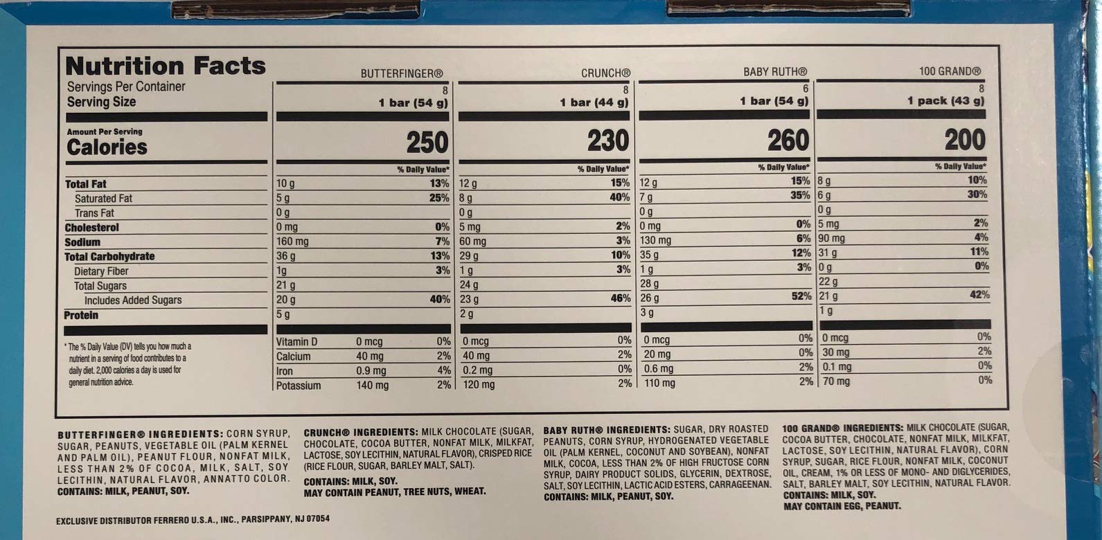 Ferrero Variety Pack 30 Candy Bars (8 Butterfinger, 8Crunch, 8-100 Grand, 6BabyRuth)