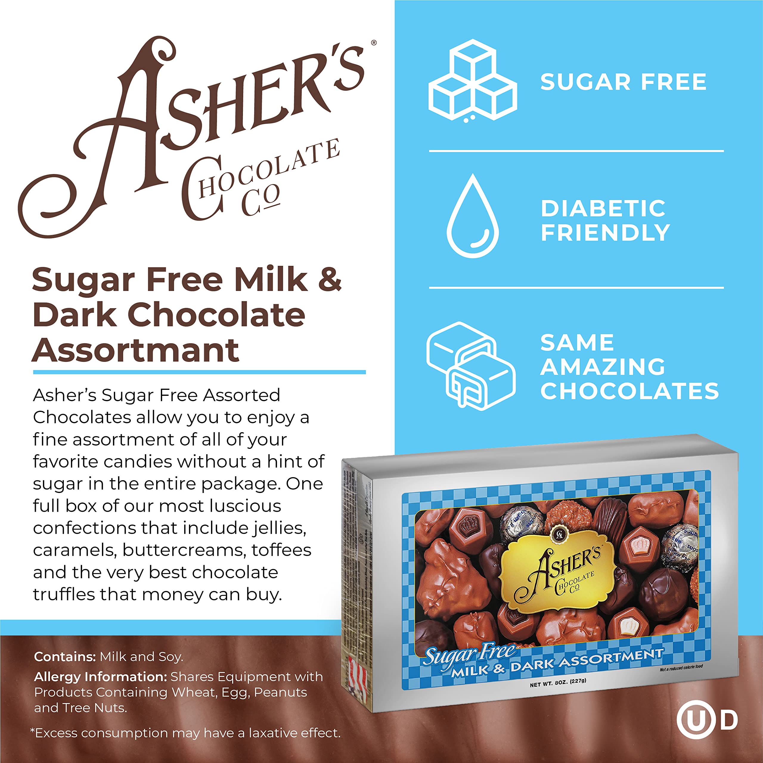 Asher's Sugar Free Chocolate Candy Assortment - Kosher, Keto, Milk & Dark Chocolates (15 pieces, 8 oz.)