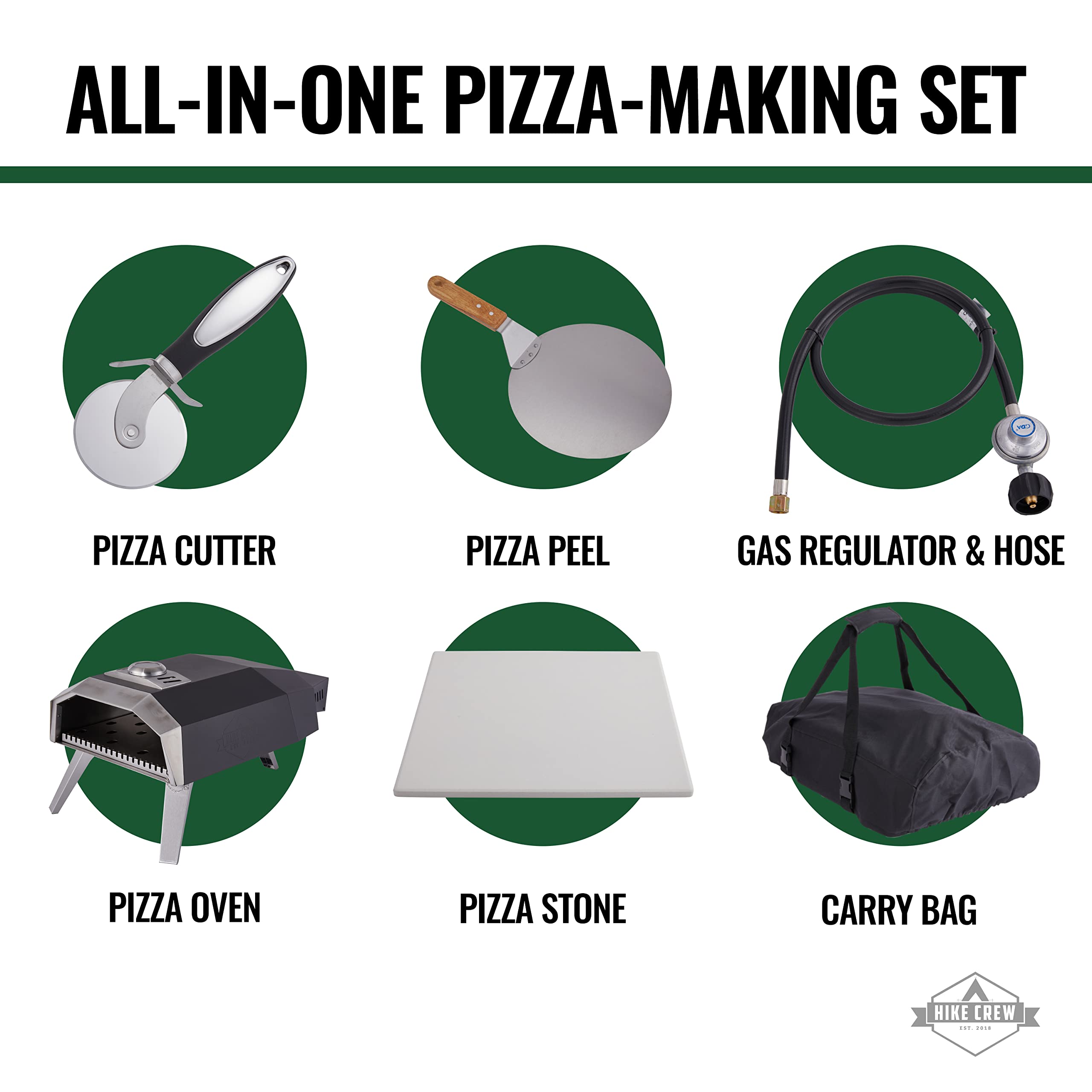 Hike Crew 12” Outdoor Propane Pizza Oven | Compact, Portable Personal Pizza Maker for Camping Kitchen with Flame Control Knob, Pizza Stone, Cutter, Peel, Thermometer, Gas Regulator, Hose & Carry Bag