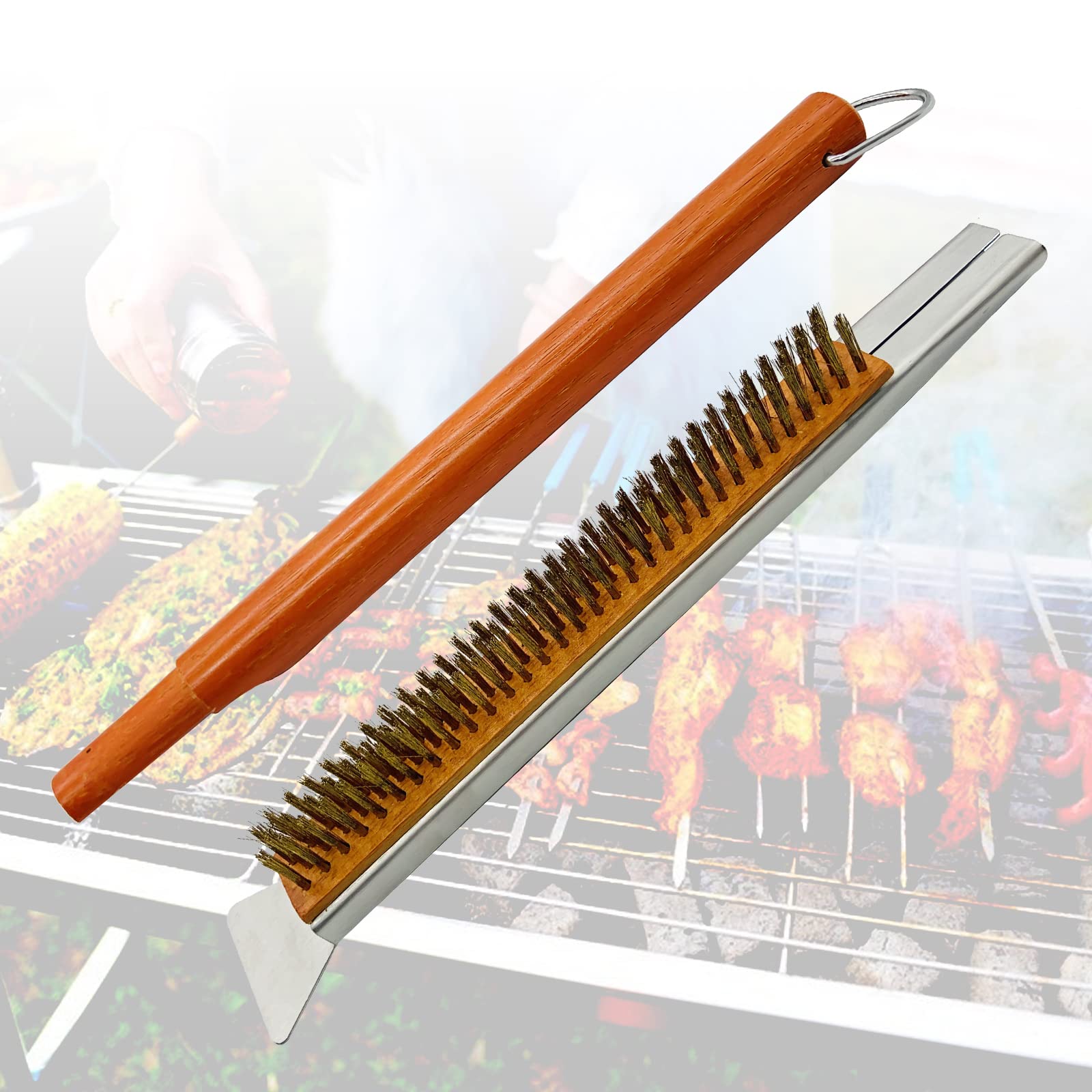 Weiwavivi 21'' Pizza Oven Brush,Brass bristles Pizza Stone Cleaning Brush with Scraper,Outdoor Pizza Oven Accessories