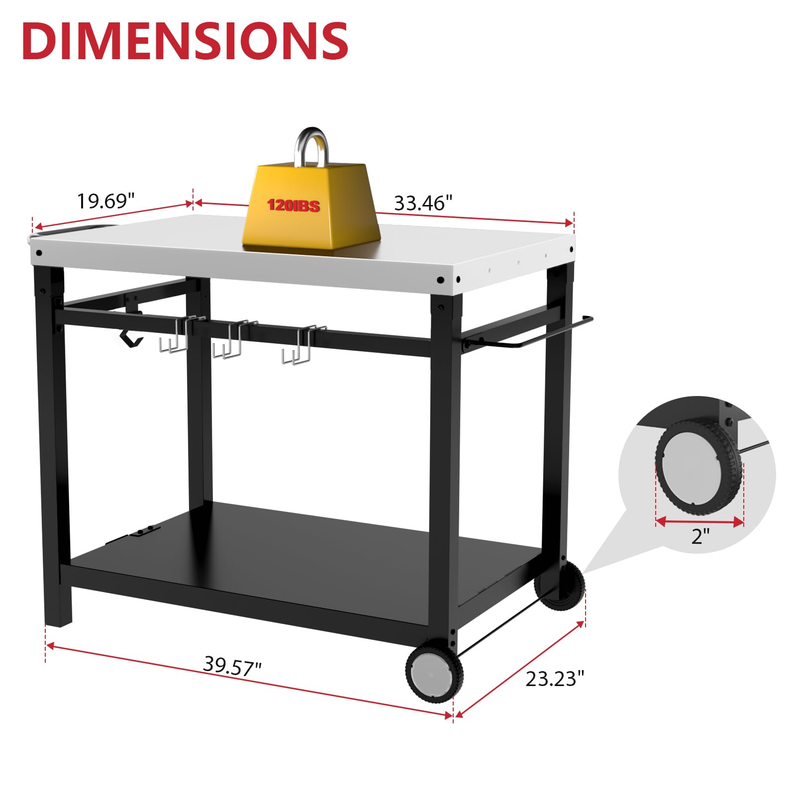 GLOWYE Outdoor Portable Grill Carts, BBQ Foldable Food Prep Cart with Wheels for Blackstone Griddle, Ninja Woodfire Grills, Oven, Double-Shelf Stainless Steel Pizza Oven Table Stand