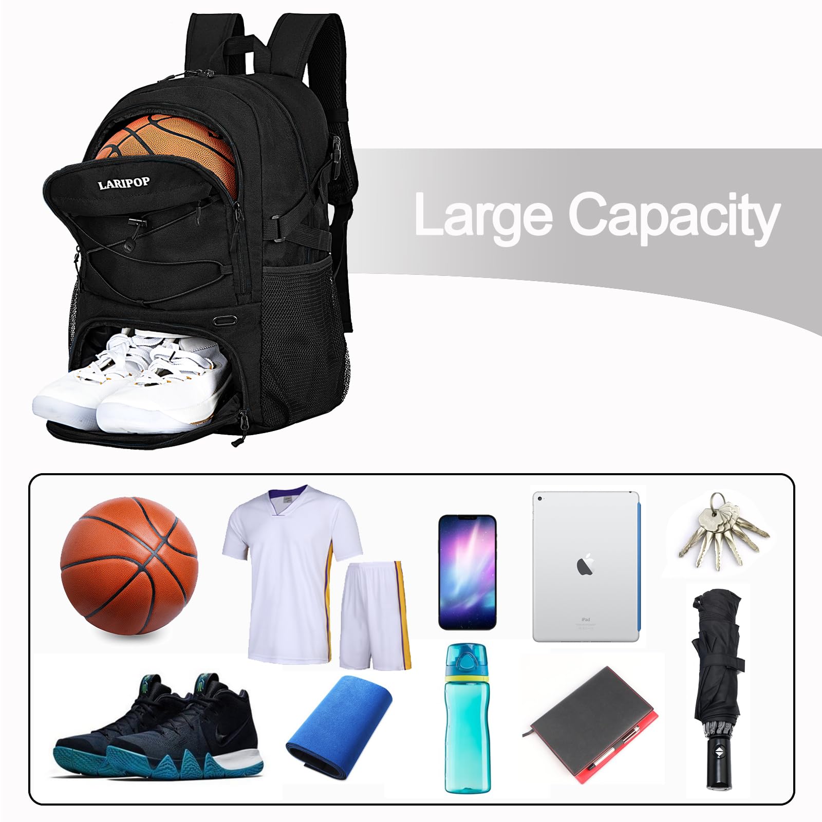 LARIPOP Basketball Bag-Youth Basketball Backpack for Men&Women, Soccer Volleyball Bag with Separate Ball Holder & Shoes Compartment