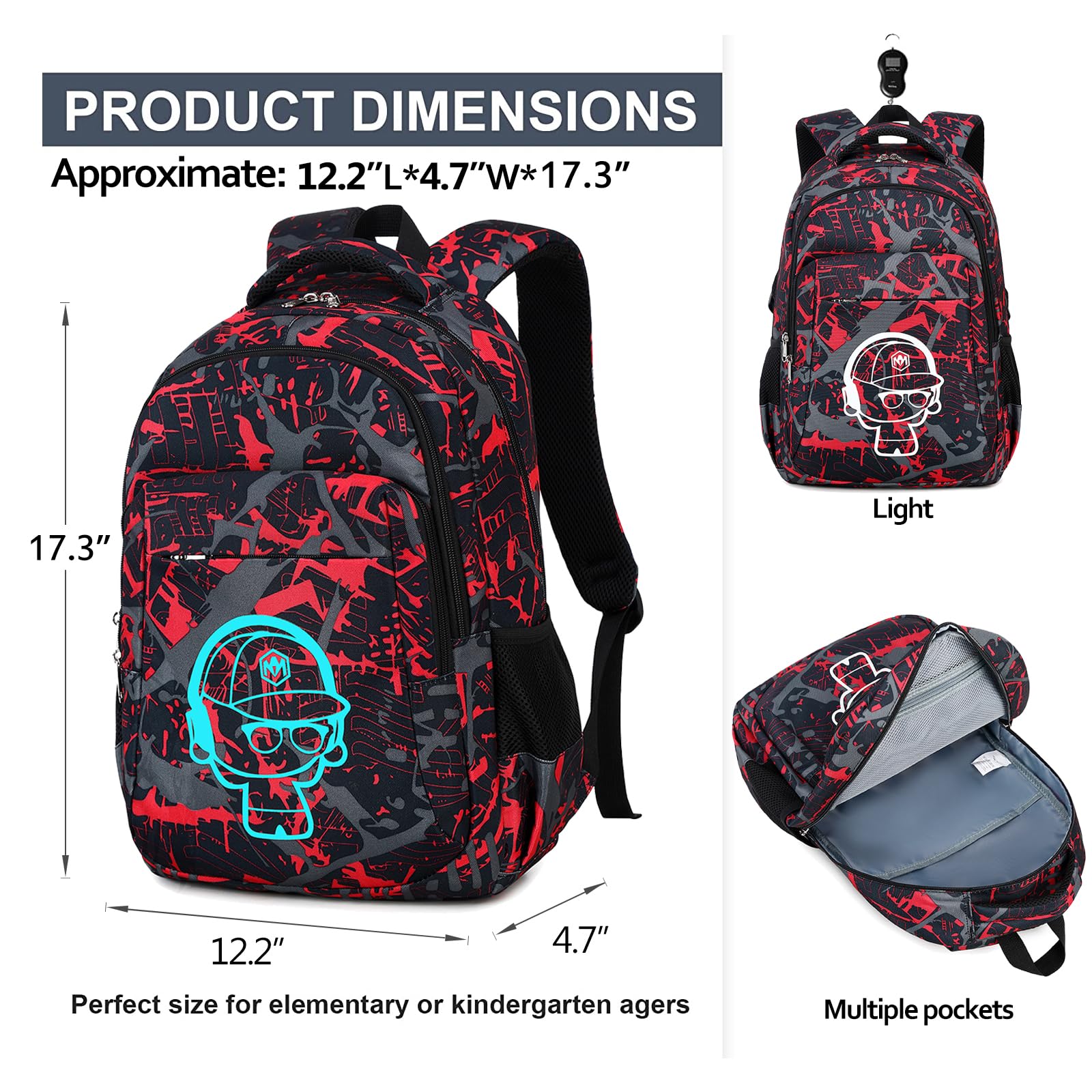 LEDAOU School Backpack Teen Boys Kids Bookbag Daypack School Bag (Graffiti Red)