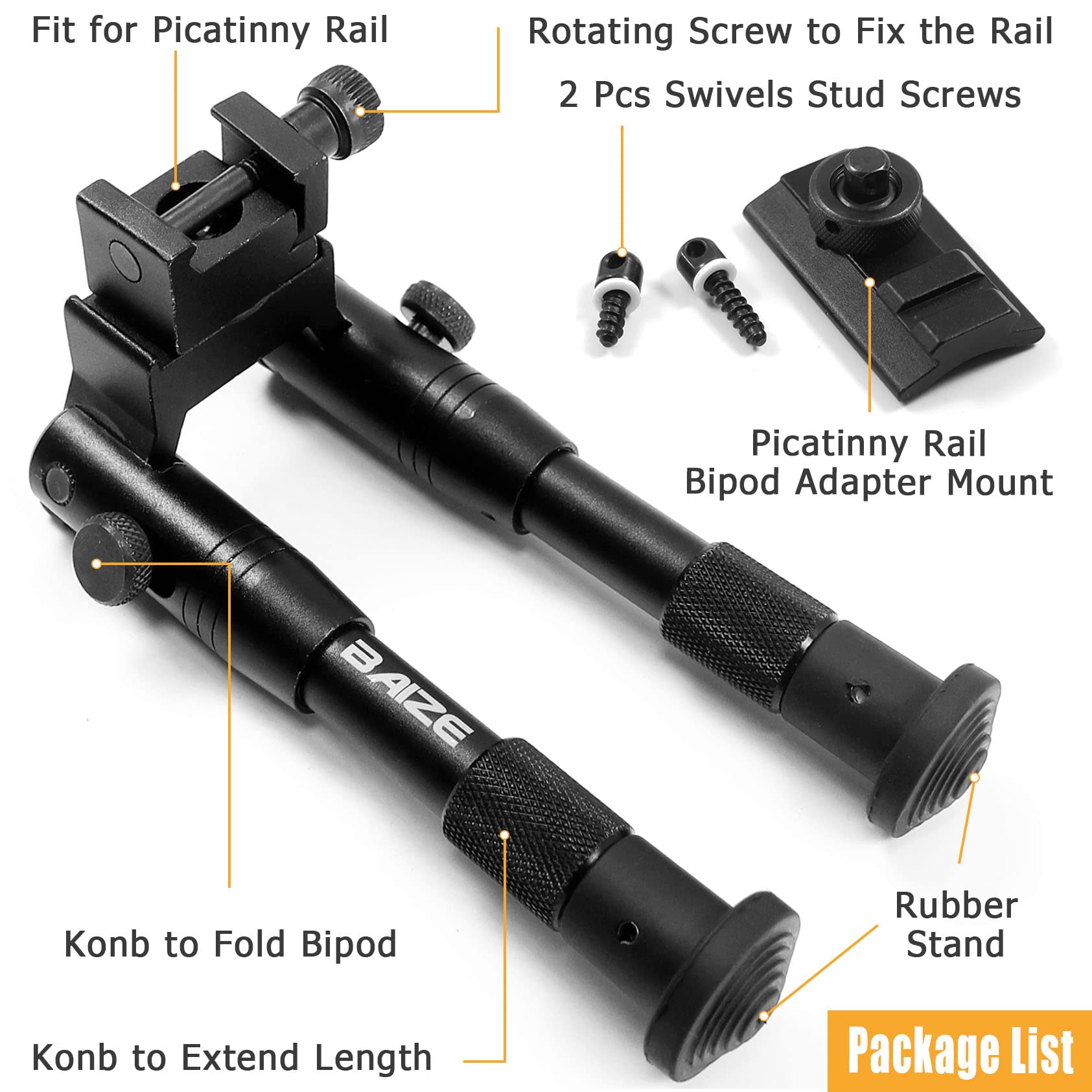 BZTAC Foldable Picatinny Rail Rifle Bipod with Sling Swivel Stud Adaptor, Adjustable Height 6.2-6.7 Inches Shooting Rest Stick with 2 Pcs Sling Swivel Screw Studs, Hunting Shooting Accessories