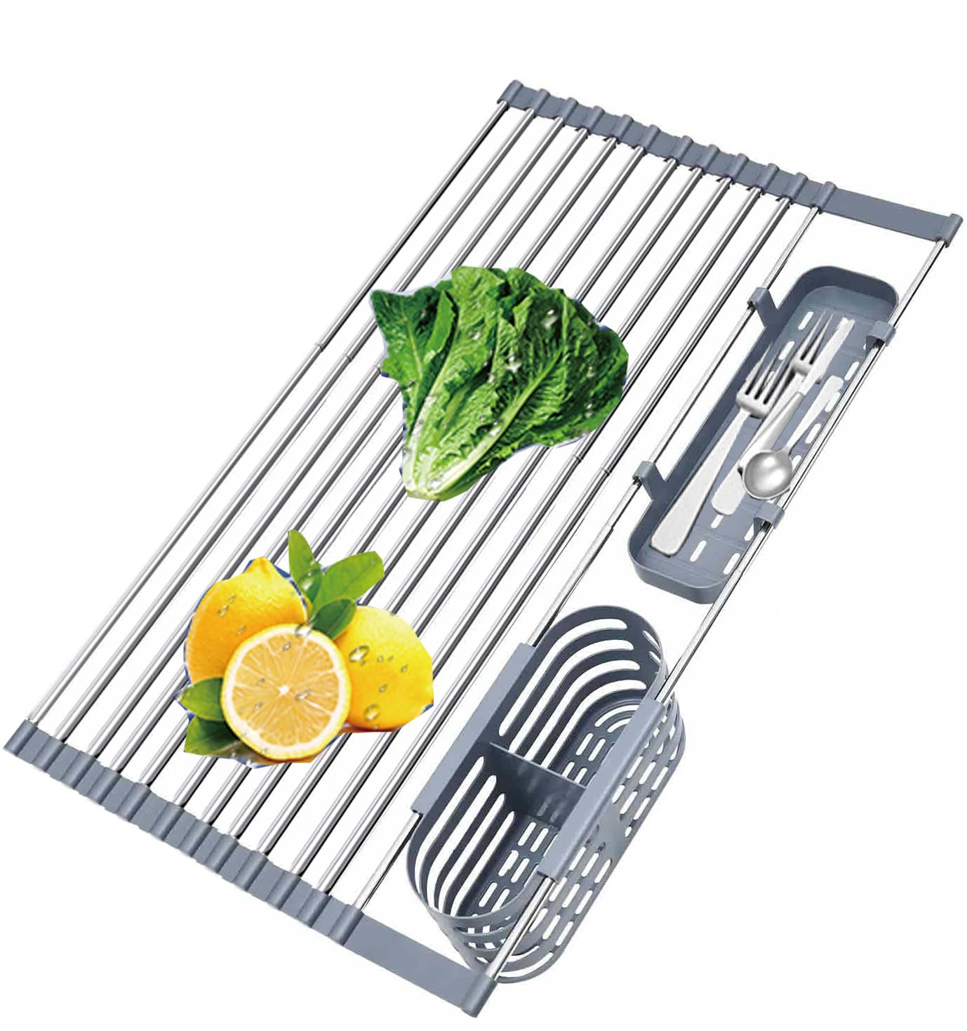 Extra Large Expandable Roll Up Dish Drying Rack with 2 Storage Baskets Foldable Sink Rack Over Sink Dryer Rack with Utensil Holder for Kitchen Counter 304 Stainless Steel Dish Drainer - 22.8"x12.7"