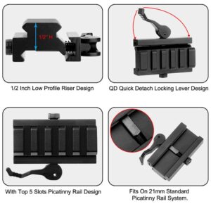 LONSEL Picatinny Riser Mount, Low Profile Rail Riser Mounts Adaptor with QD Lever Lock Quick Release & 5 Slots Picatinny Rails for Scope Rings Optics Sights, 1/2" H x 2.5''L (1 Pack)