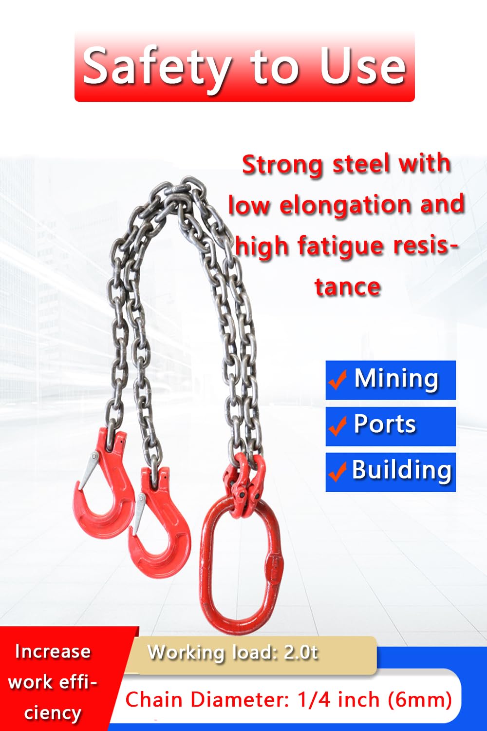 Chain Sling 1/4Inch X 5 Ft 4410lb Double Leg with Sling Hooks and Adjusters Grade 80Alloy Steel Engine Chain Hoist Lifts【2Leg 2Ton】