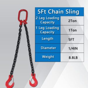 Chain Sling 2/5Inch X 5 Ft 4410lb Double Leg with Sling Hooks Chain Slings Adjusters Grade 80Alloy Steel Engine Chain Hoist Lifts【2 Ton】