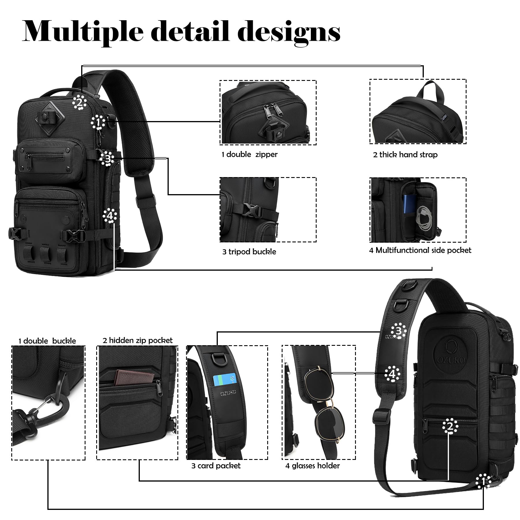 OZUKO Tactical Backpack Chest Sling Bags for Men, Waterproof Crossbody Shoulder Daypack for Outdoor Walking Hiking Trekking (Military)