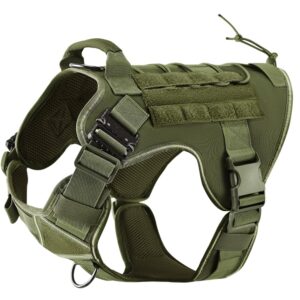 elftree tactical dog harness, 2x metal buckle, military reflective dog harness with hidden airtag holder and handle, adjustable no-pull service dog vest with molle & loop panels