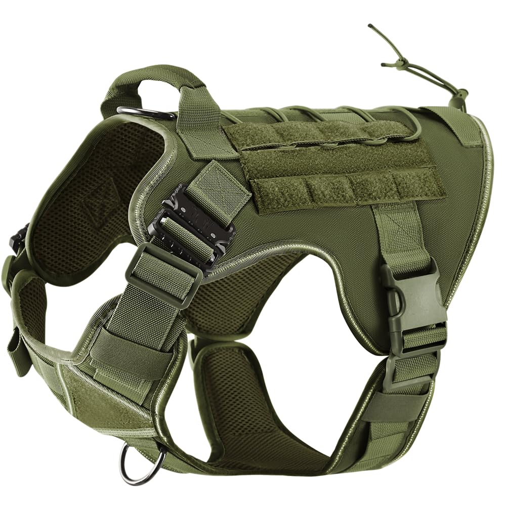 ELFTREE Tactical Dog Harness, 2X Metal Buckle, Military Reflective Dog Harness with Hidden Airtag Holder and Handle, Adjustable No-Pull Service Dog Vest with Molle & Loop Panels