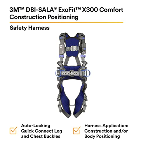 3M 1113133 DBI-SALA ExoFit X300 Comfort Construction Positioning Safety Harness, Construction Fall Protection, Aluminum Back and Hip D-Rings, Auto-Locking Quick Connect Leg and Chest Buckles, 2X