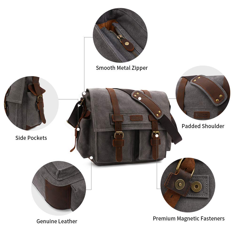 Kattee Men's Canvas Cow Leather DSLR SLR Vintage Camera Shoulder Messenger Bag Dark Gray