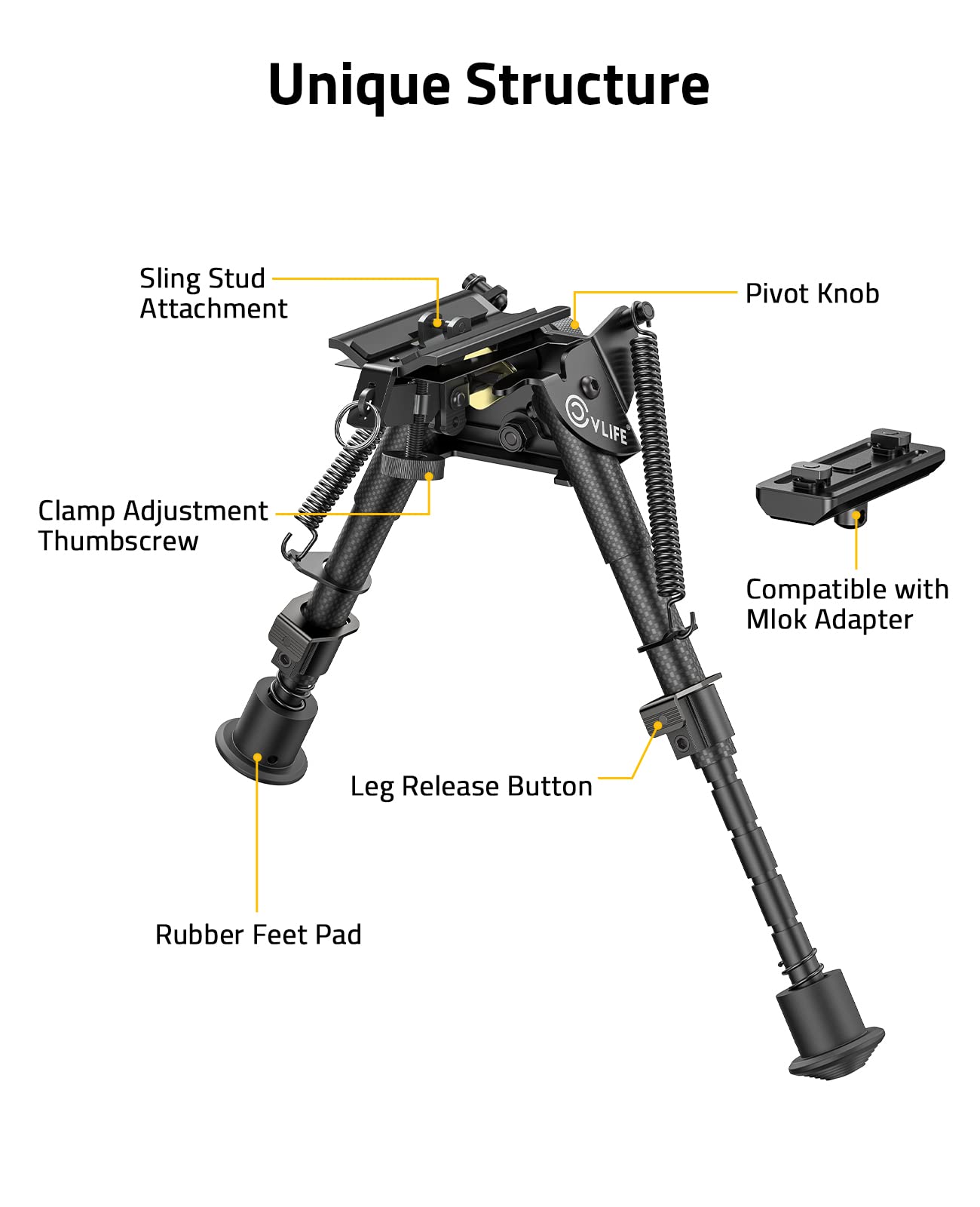 CVLIFE 6-9 Inches Carbon Fiber Rifle Bipod, Pivot Tilting Bipods for Rifles with Adapter Compatible with Mlok Swivel Bipod for Hunting and Shooting