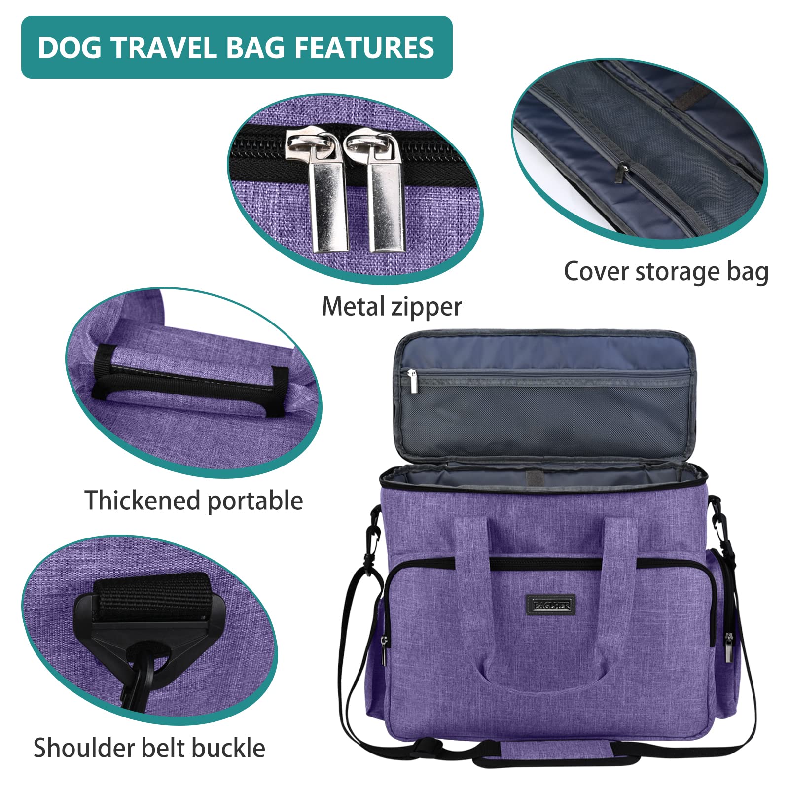 BAGLHER Dog Travel Bag, Airline Approved Pet Tote Organizer with Multi-Function Pockets, 2 X Food Storage Containers and 2 X Collapsible Dog Bowls, Perfect Weekend Pet Travel Set for Dog, Cat Purple