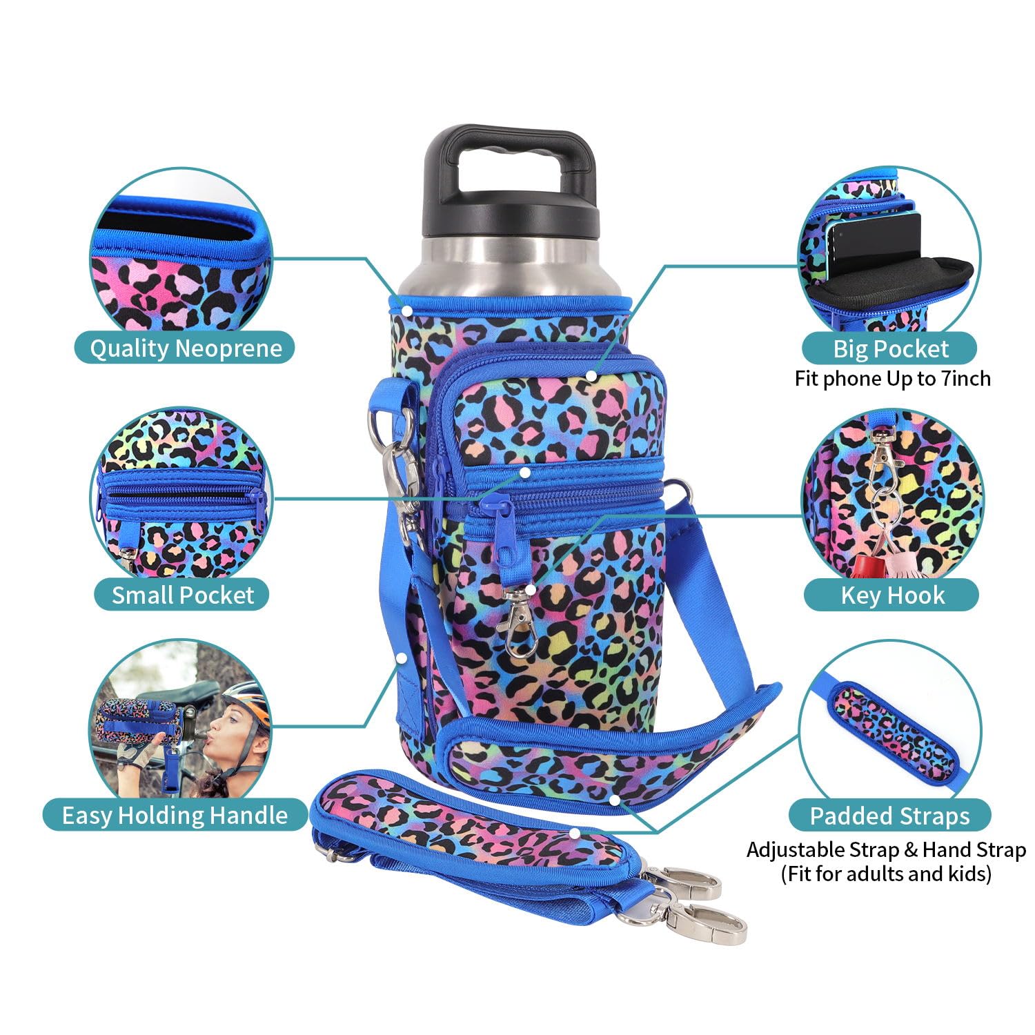 AJLTPA Water Bottle Holder with Adjustable Padded Shoulder Strap and 2 Pockets, Water Bottle Sleeve Carrier Compatible with YETI Rambler 36 oz Bottle & 40oz Hydro Flask and More (Blue Floral)