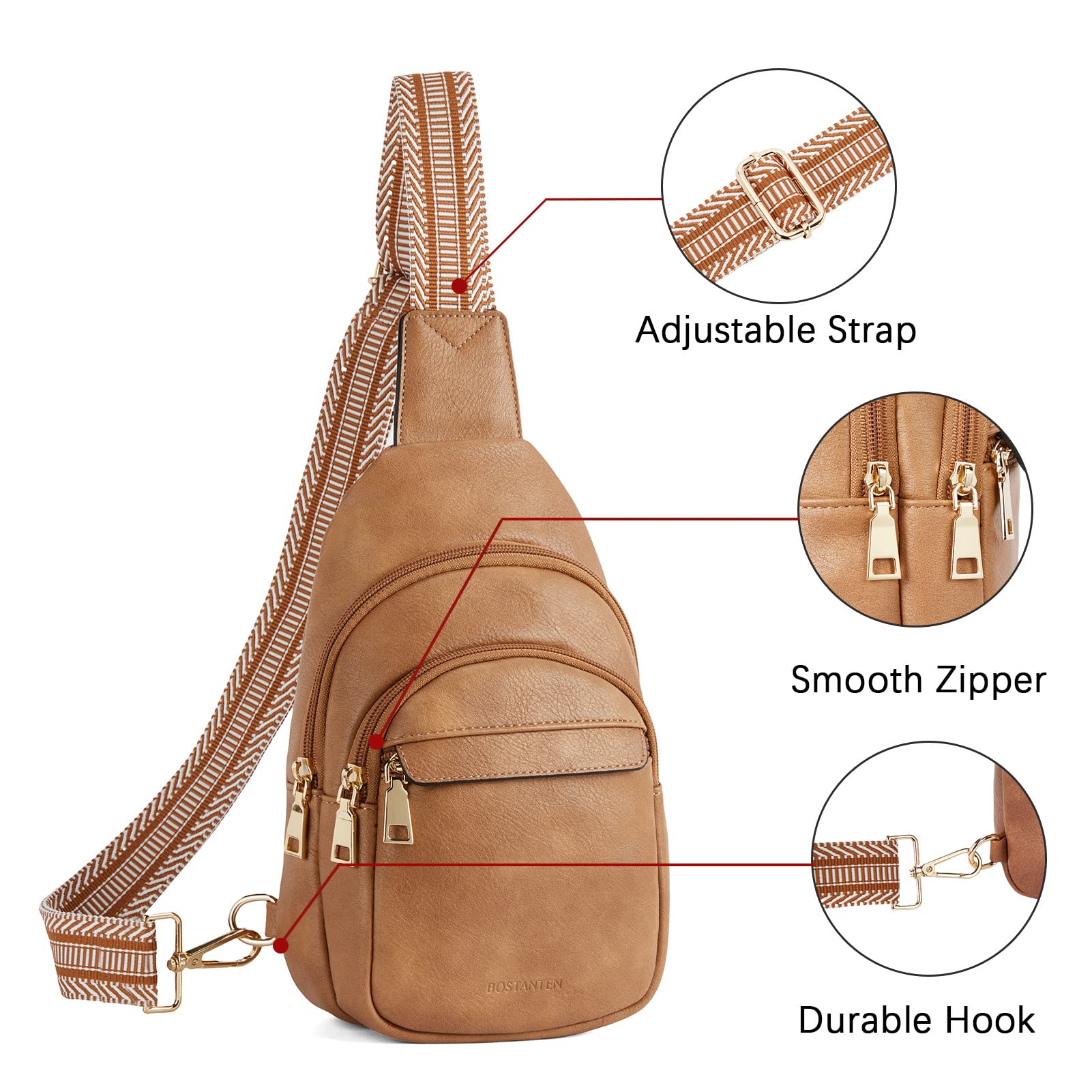 BOSTANTEN Small Sling Bag for Women Leather Crossbody Bags Fanny Pack Chest Bag for Travel, Camel Brown