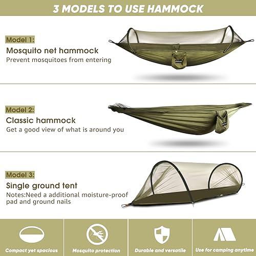 Chihee Ultra-Light Travel Camping Hammock Pop-up Net Hammock 660lbs Load Capacity,Breathable,Quick-drying Parachute Nylon 2 Premium Carabiners,2 Tree Slings Included for Outdoor Backpacking Hiking