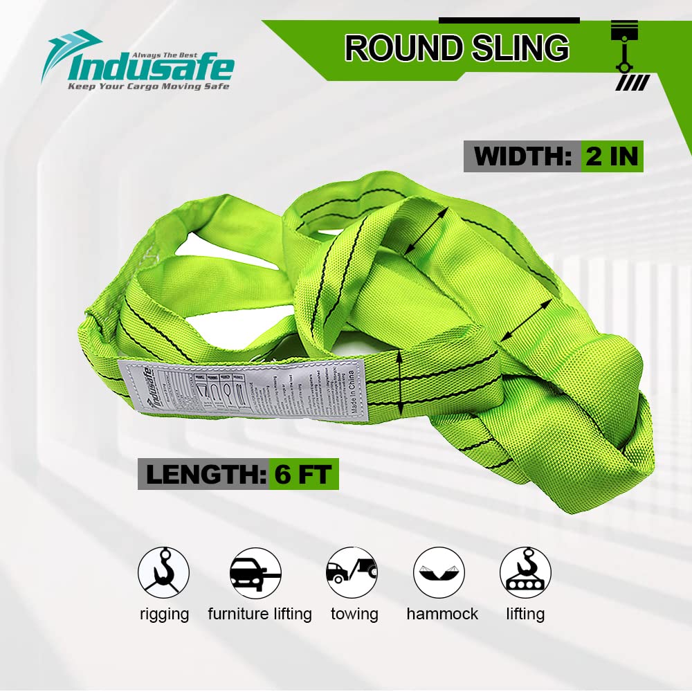 Indusafe 6FT Endless Round Slings, 2” Spanset Round Slings, Polyester Endless Loop Lifting Straps, 5300lbs Vertical Capacity, Heavy Duty Rigging Strap for Lifting and Towing (Green)