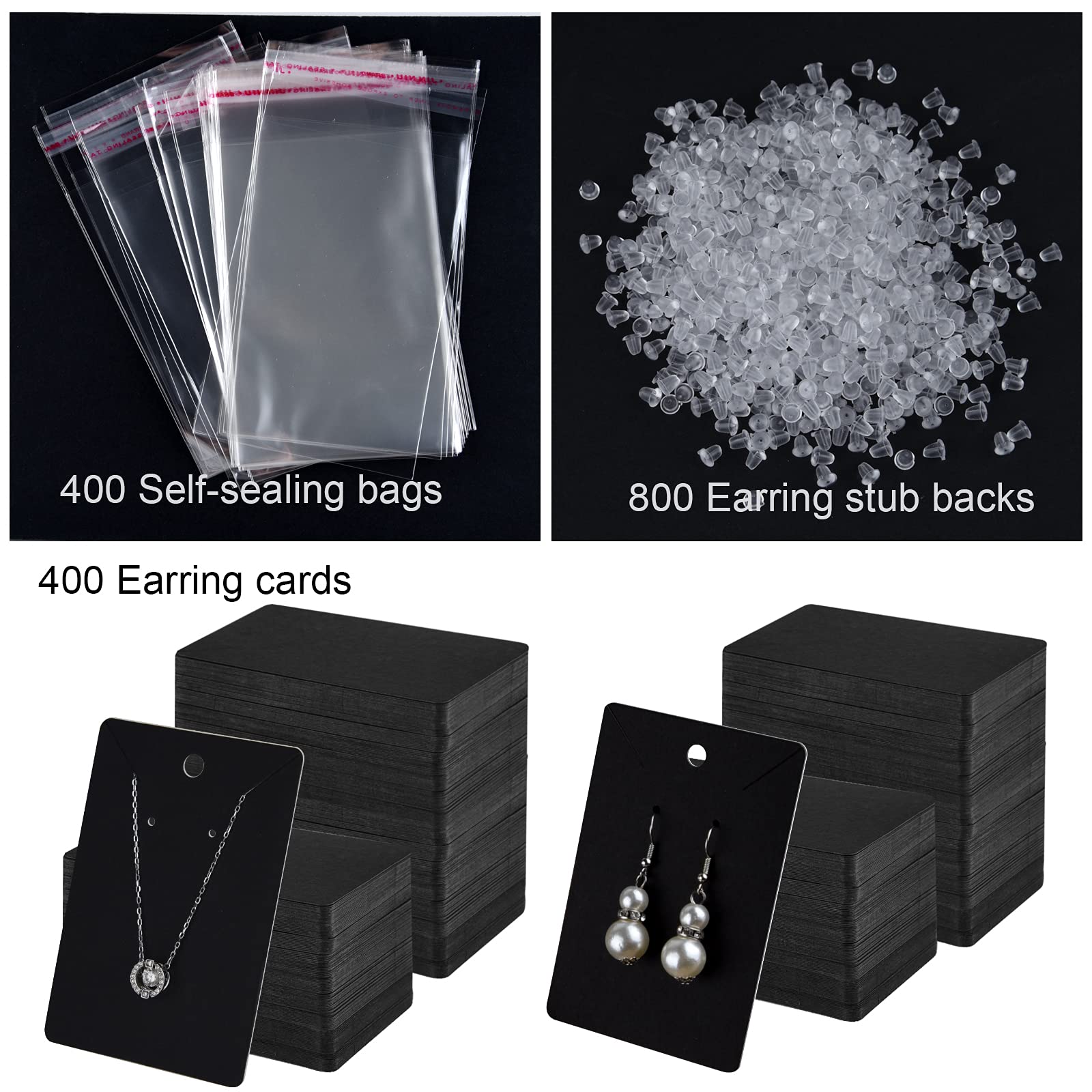 MIAHART 400 Pcs Black Earring Cards Black Earring Holder Cards with Self-Sealing Bags and Clear Earring Backs for Earrings Necklace Display Hanging Jewelry Packaging