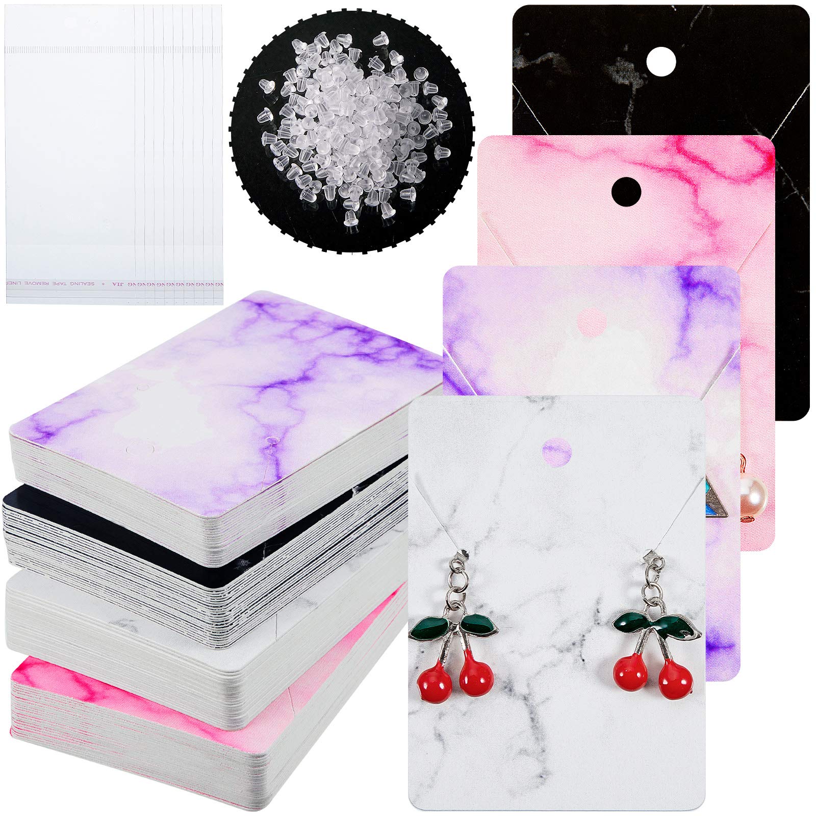 800 Pieces Earring Cards for Selling 200 Marble Earring Display Cards with 200 Self Sealing Bags and 400 Earring Backs Jewelry Packaging Display Cards, 4 Color