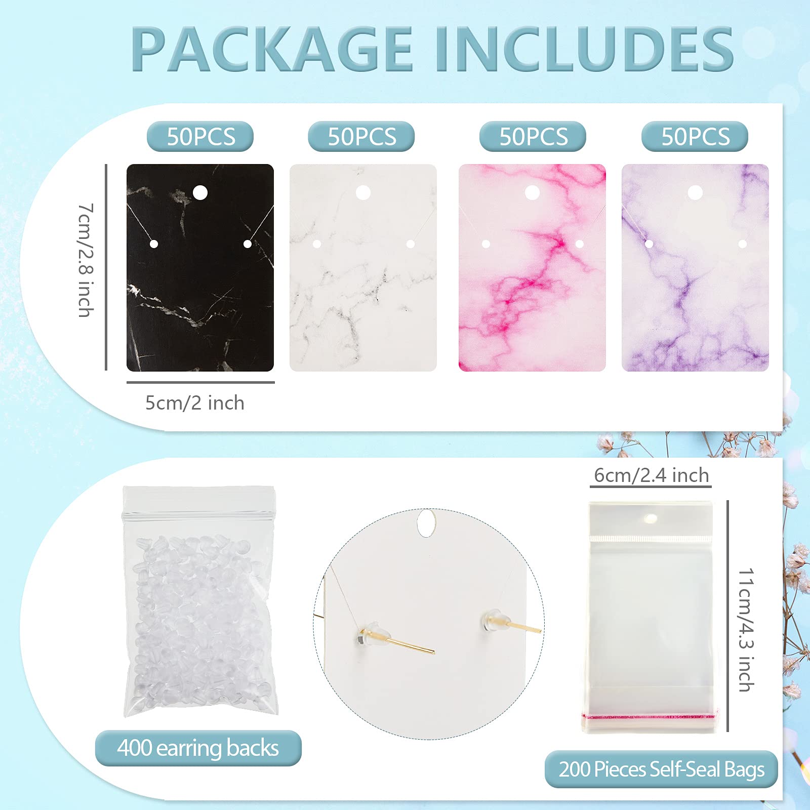 800 Pieces Earring Cards for Selling 200 Marble Earring Display Cards with 200 Self Sealing Bags and 400 Earring Backs Jewelry Packaging Display Cards, 4 Color