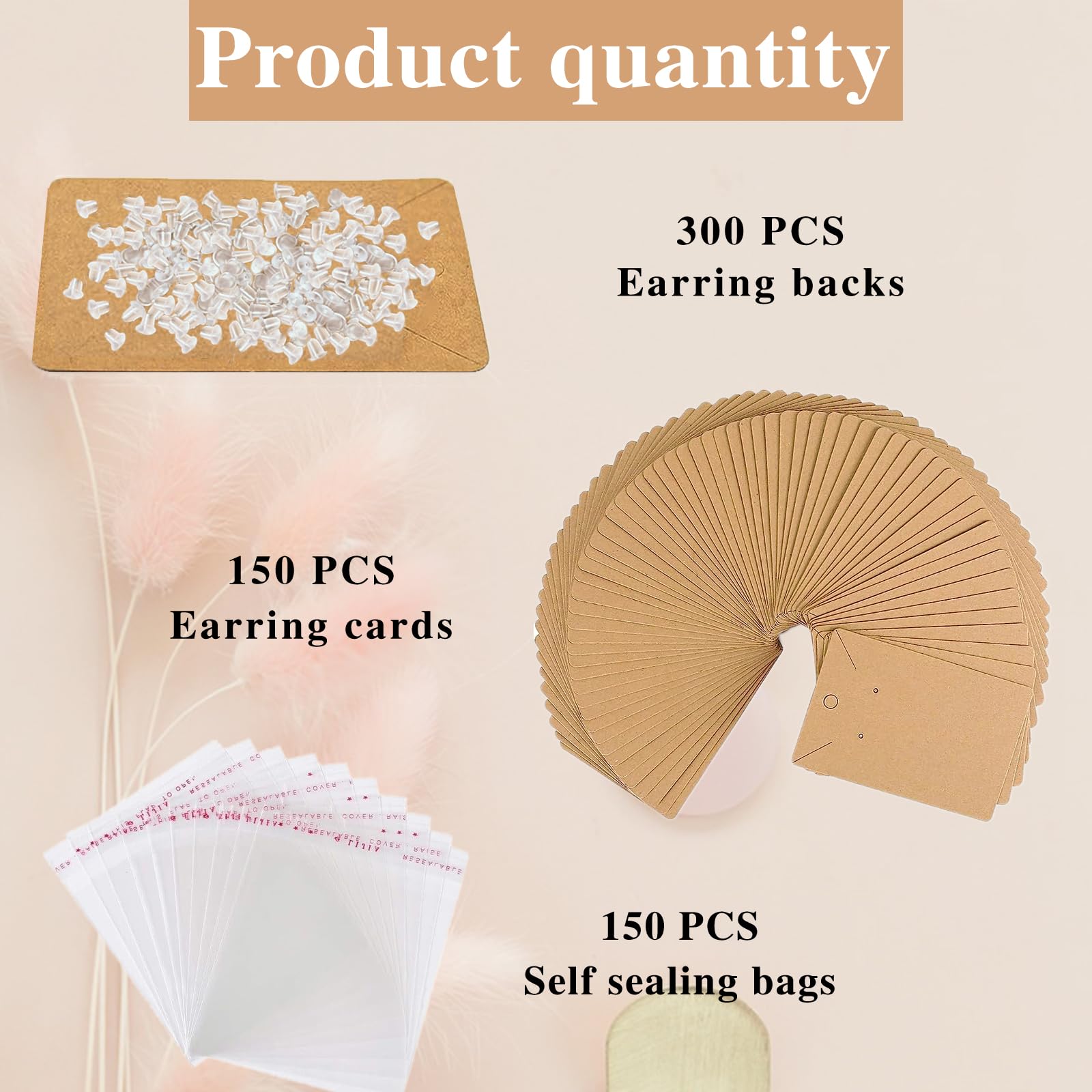 SXDMHYB Earring Cards,earring cards for selling,with 150 Kraft Paper Earring Display Cards,300Clear Earring Backs,150 Self Adhesive Bags,for Hanging earrings,Jewelry,Jewelry Bags 3.5"x2.4"(Brown)