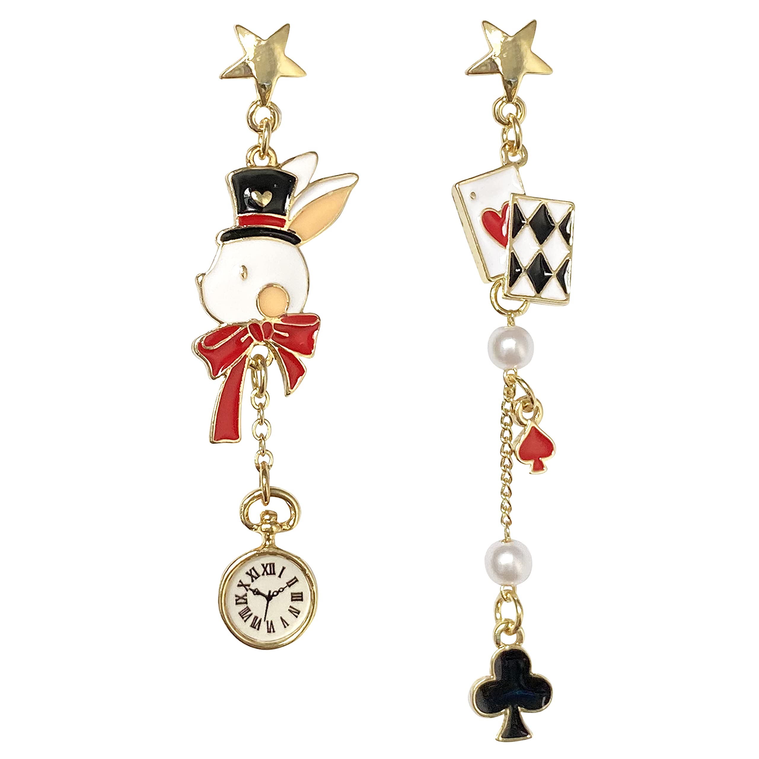 Asymmetric Poker Card Clock Poker Dangle Earrings Chic Red Heart Ace Enamel Gold Plated Playing Cards Rabbit Alarm Clock Drop Earrings (Gold)