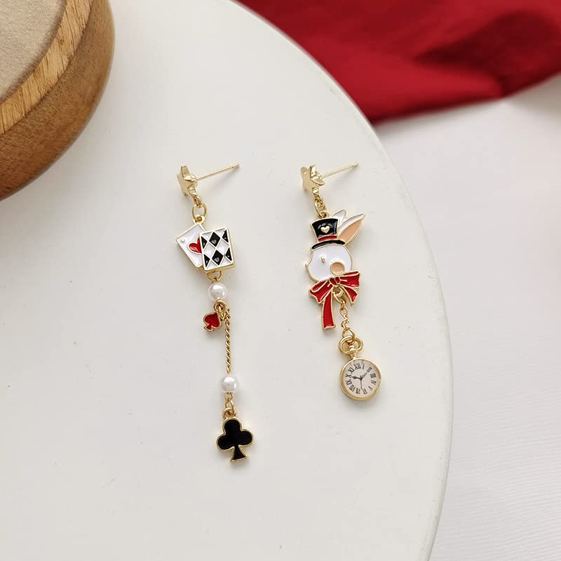 Asymmetric Poker Card Clock Poker Dangle Earrings Chic Red Heart Ace Enamel Gold Plated Playing Cards Rabbit Alarm Clock Drop Earrings (Gold)