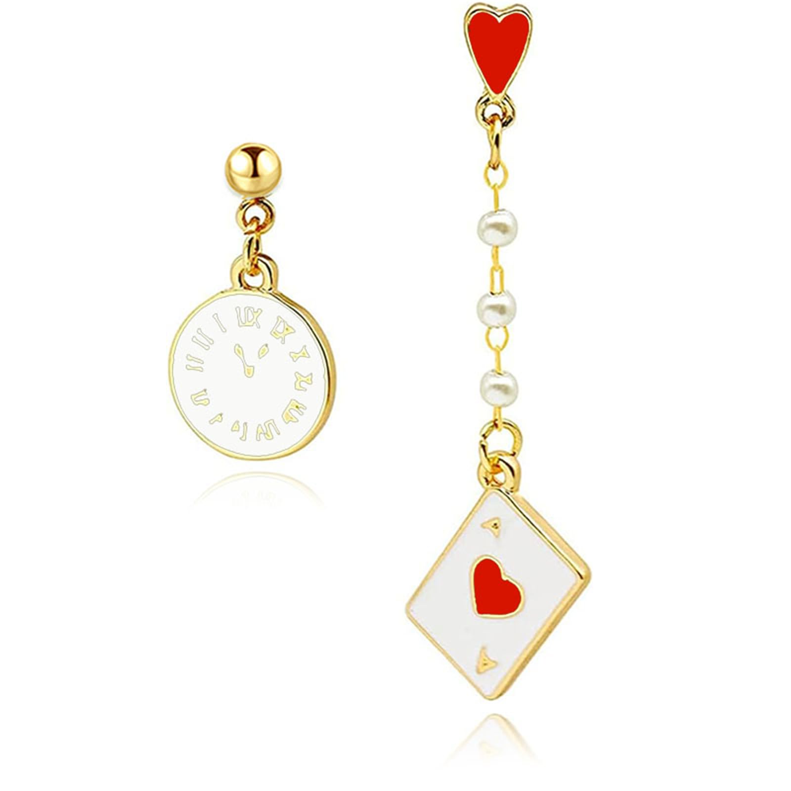 Asymmetric Poker Card Clock Poker Dangle Earrings for Women Creative Playing Cards Pattern Drop Earring Red Hearts A Long Pentagram Alarm Clock Drop Earrings Gambling Casino Gifts, Zinc, unknow