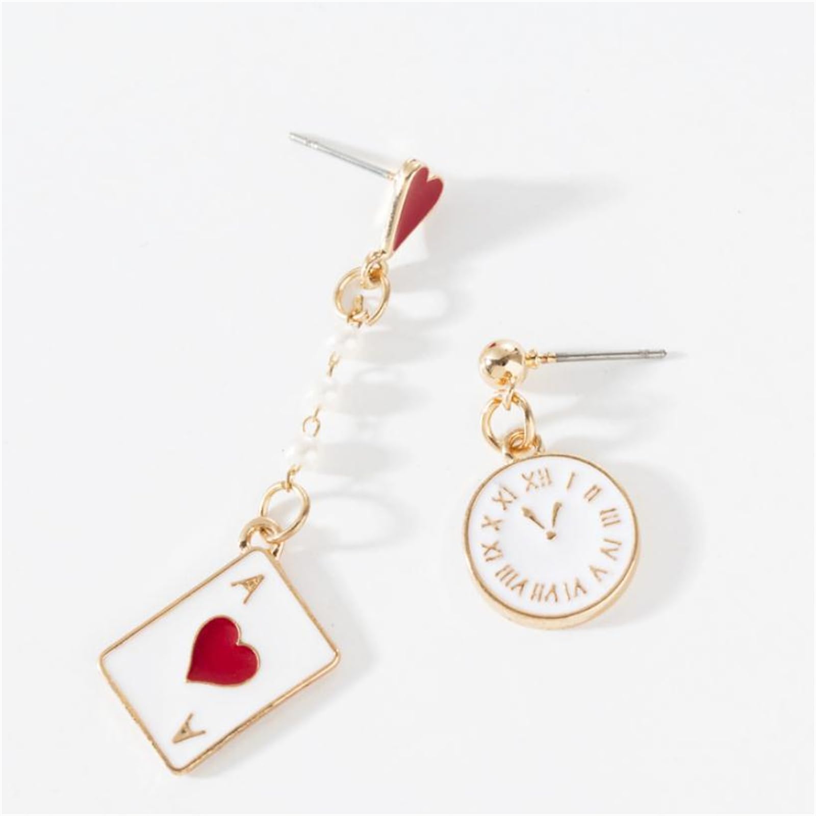 Asymmetric Poker Card Clock Poker Dangle Earrings for Women Creative Playing Cards Pattern Drop Earring Red Hearts A Long Pentagram Alarm Clock Drop Earrings Gambling Casino Gifts, Zinc, unknow