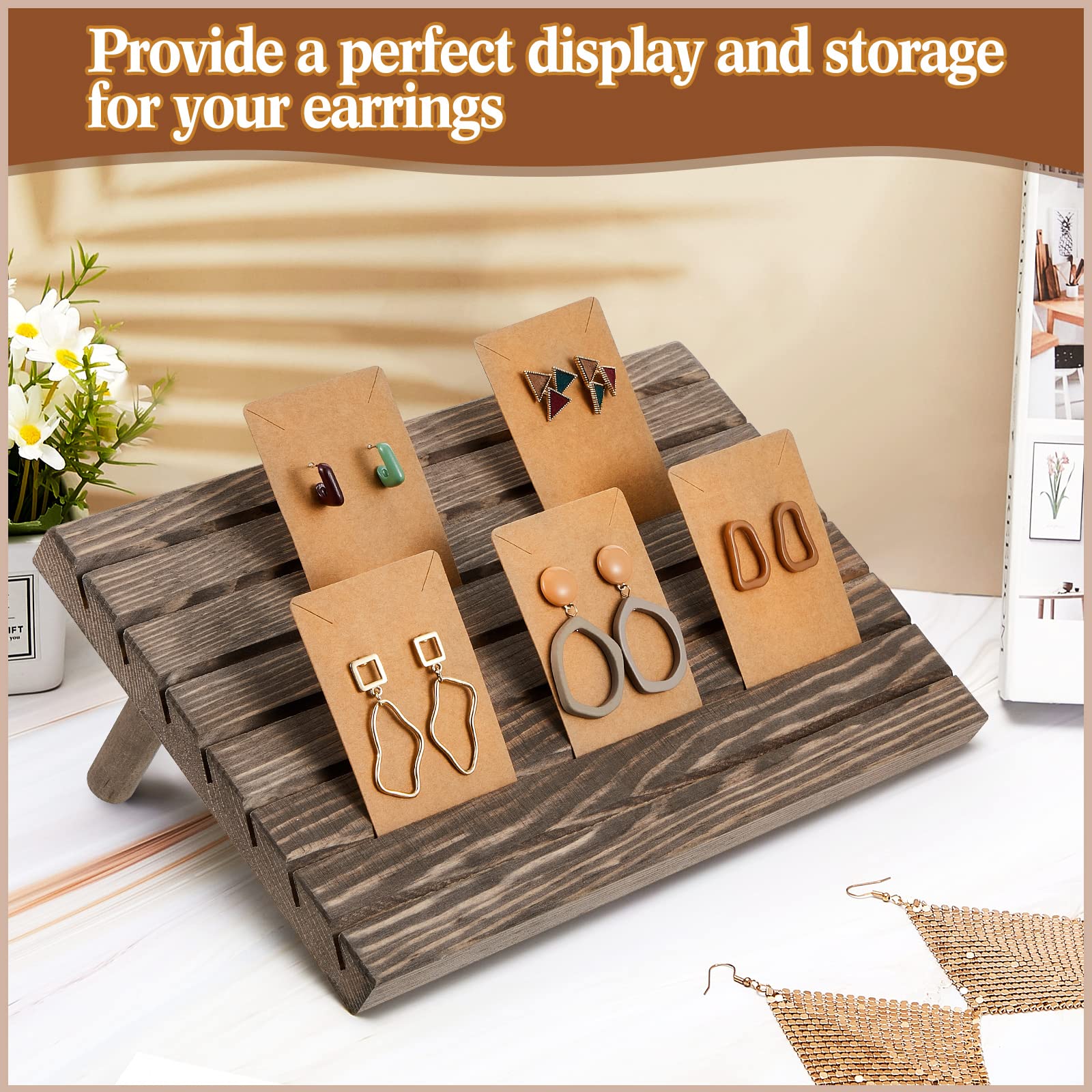 31 Pack Wooden Earring Display Stands Earring Display Holder Earring Jewelry Display with Earring Cardboard for Selling Earring Jewelry Organizer Displaying Photos Business Card (Brown, Light Brown)