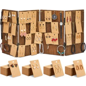 101 Pcs Foldable Wooden Jewelry Display Stand 64 Hooks Earring Display Rack for Selling Earring Display Cards 4 Panel Wood Jewelry Display Bracelet Organizer with Earring Cards for Business Home Using