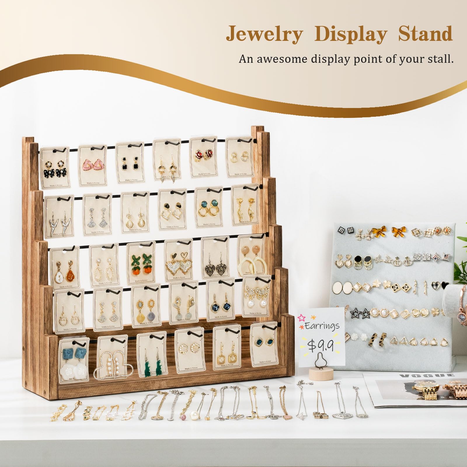 Poyilooo Earring Display for Selling, Solid Wood Jewelry Display for Selling Vendors, Large Capacity Earring Display Stands for Selling Rack Holder for Earring Cards, Keychain, Necklace