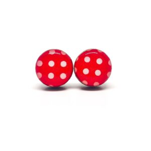 Stud Earrings, Polka Dot, 10 mm, Handmade, Stainless Steel Posts for Sensitive Ears Retro Studs for Women Men Girls (Red and White Polka Dots)