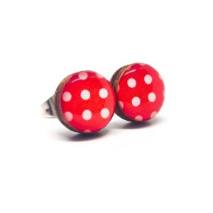 Stud Earrings, Polka Dot, 10 mm, Handmade, Stainless Steel Posts for Sensitive Ears Retro Studs for Women Men Girls (Red and White Polka Dots)