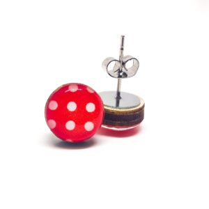 Stud Earrings, Polka Dot, 10 mm, Handmade, Stainless Steel Posts for Sensitive Ears Retro Studs for Women Men Girls (Red and White Polka Dots)