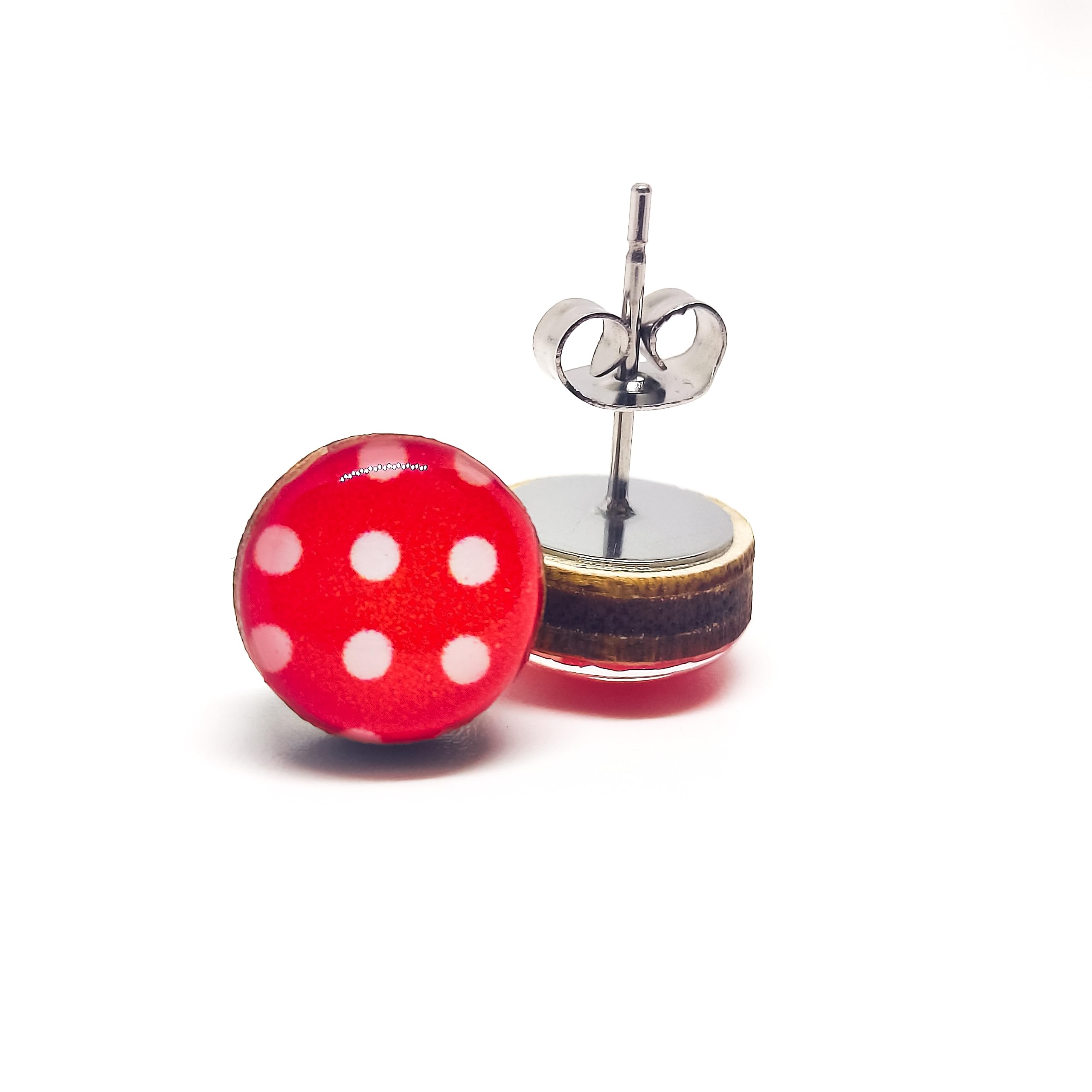 Stud Earrings, Polka Dot, 10 mm, Handmade, Stainless Steel Posts for Sensitive Ears Retro Studs for Women Men Girls (Red and White Polka Dots)