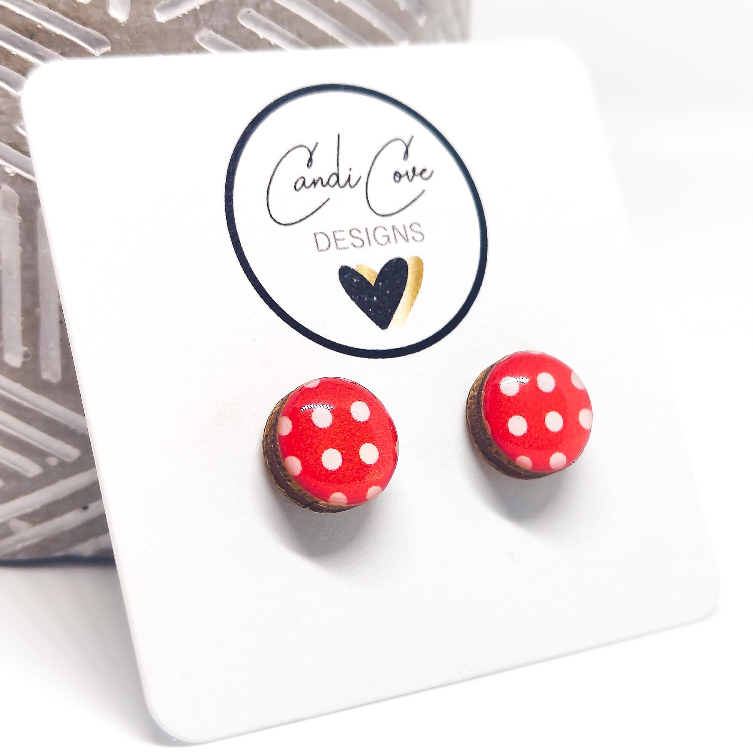 Stud Earrings, Polka Dot, 10 mm, Handmade, Stainless Steel Posts for Sensitive Ears Retro Studs for Women Men Girls (Red and White Polka Dots)