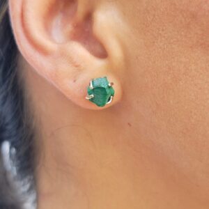 Natural raw malachite gemstone stud earrings with white gold over 925 sterling silver, 6 to 7mm rough genuine quality birthstone gift for her, Uniquelan Jewelry (malachite)