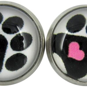 Summerfield Collection Stainless Steel Black and White Paw Print Pink Heart Glass Stud Earrings 12mm