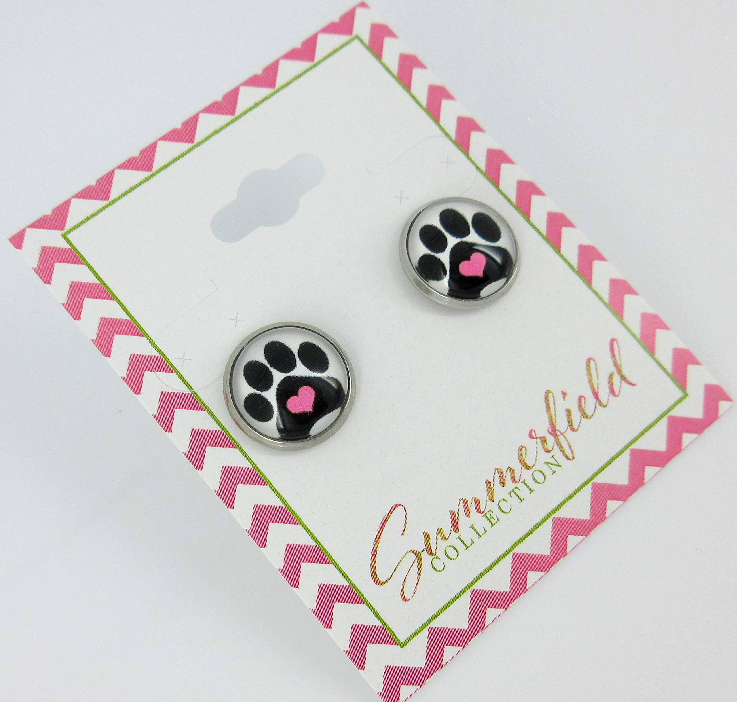 Summerfield Collection Stainless Steel Black and White Paw Print Pink Heart Glass Stud Earrings 12mm