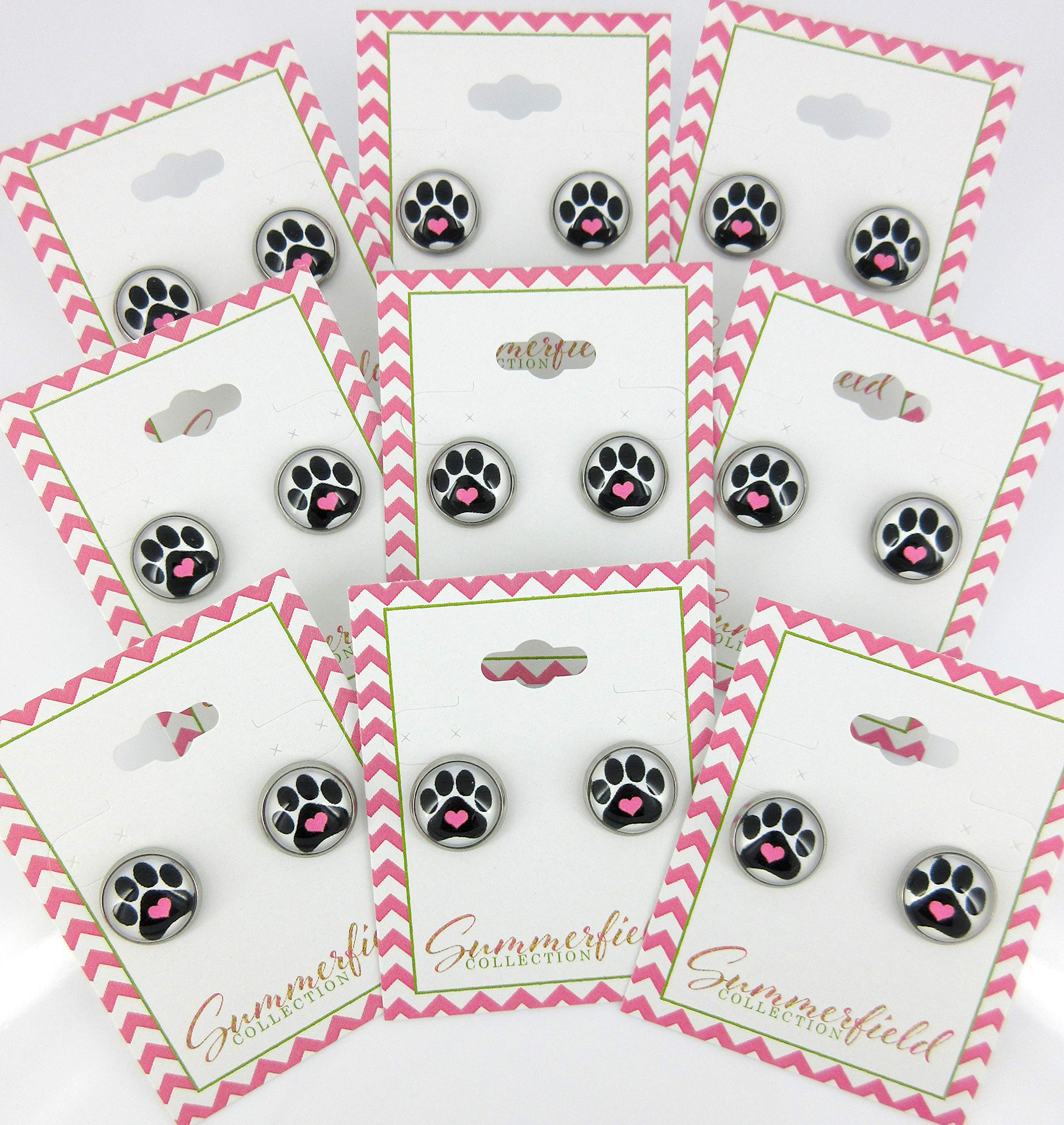 Summerfield Collection Stainless Steel Black and White Paw Print Pink Heart Glass Stud Earrings 12mm