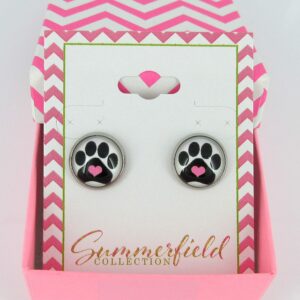 Summerfield Collection Stainless Steel Black and White Paw Print Pink Heart Glass Stud Earrings 12mm