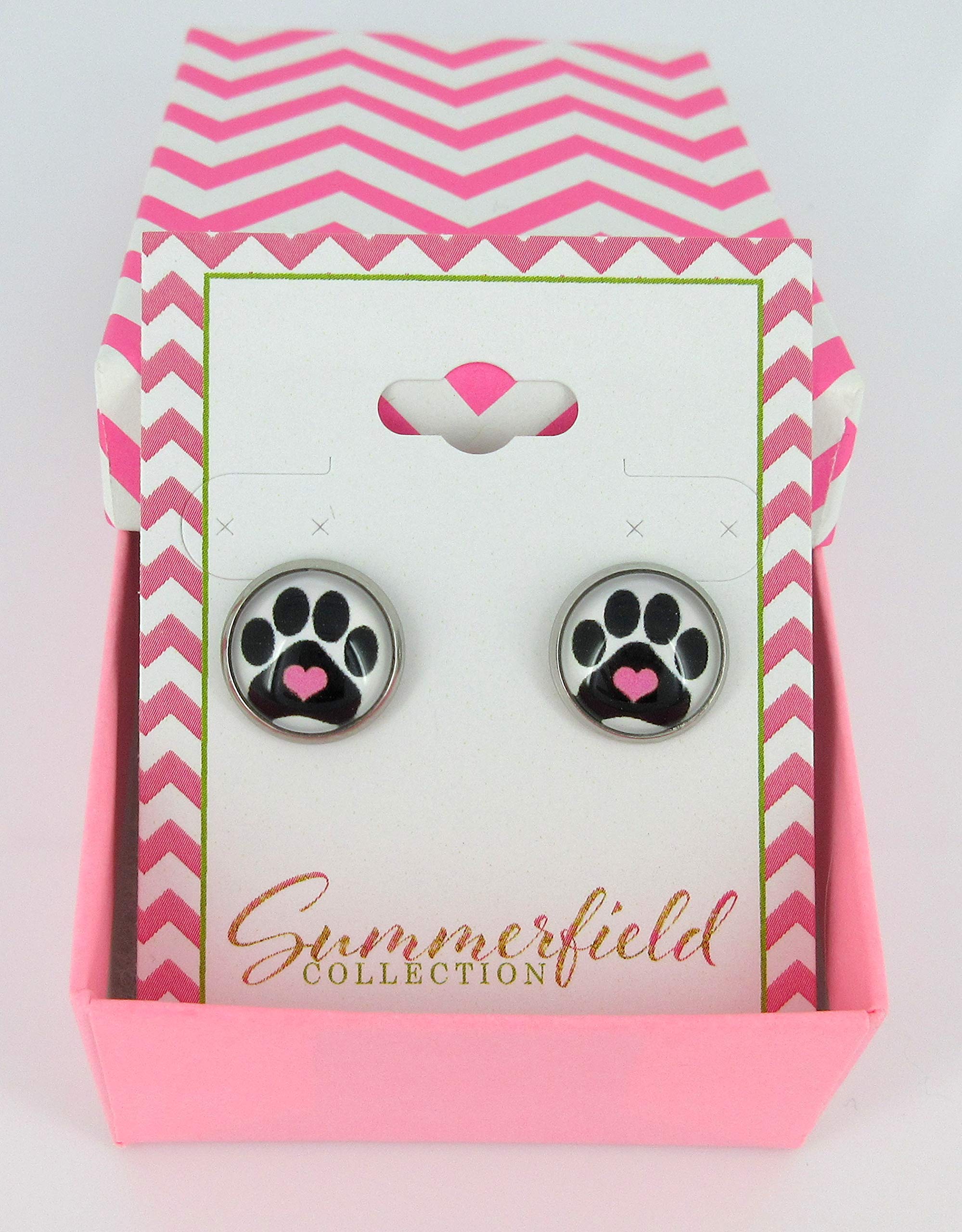 Summerfield Collection Stainless Steel Black and White Paw Print Pink Heart Glass Stud Earrings 12mm